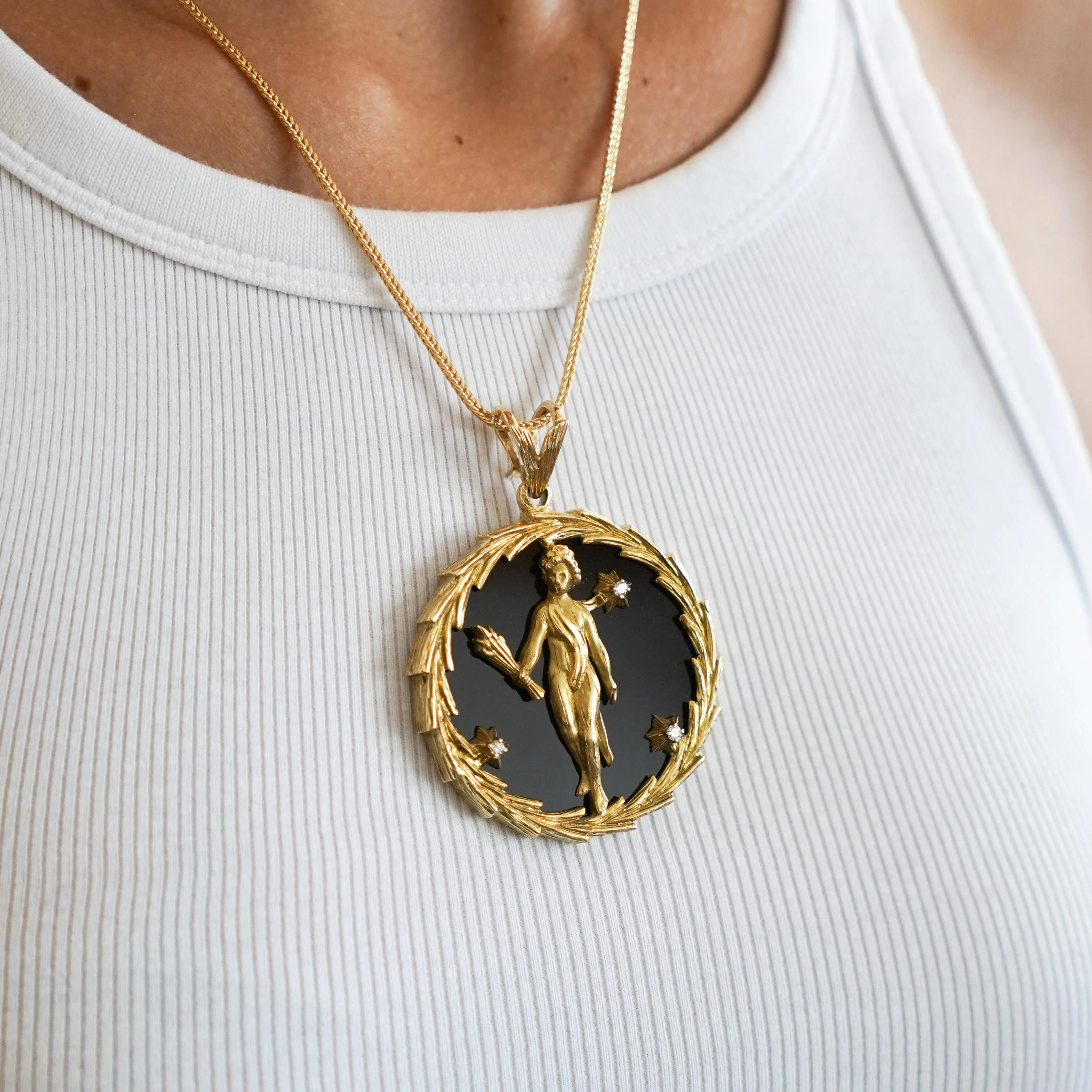 14K Gold Christian Medallion "Cupid" and Black Onyx Medallion Pendant