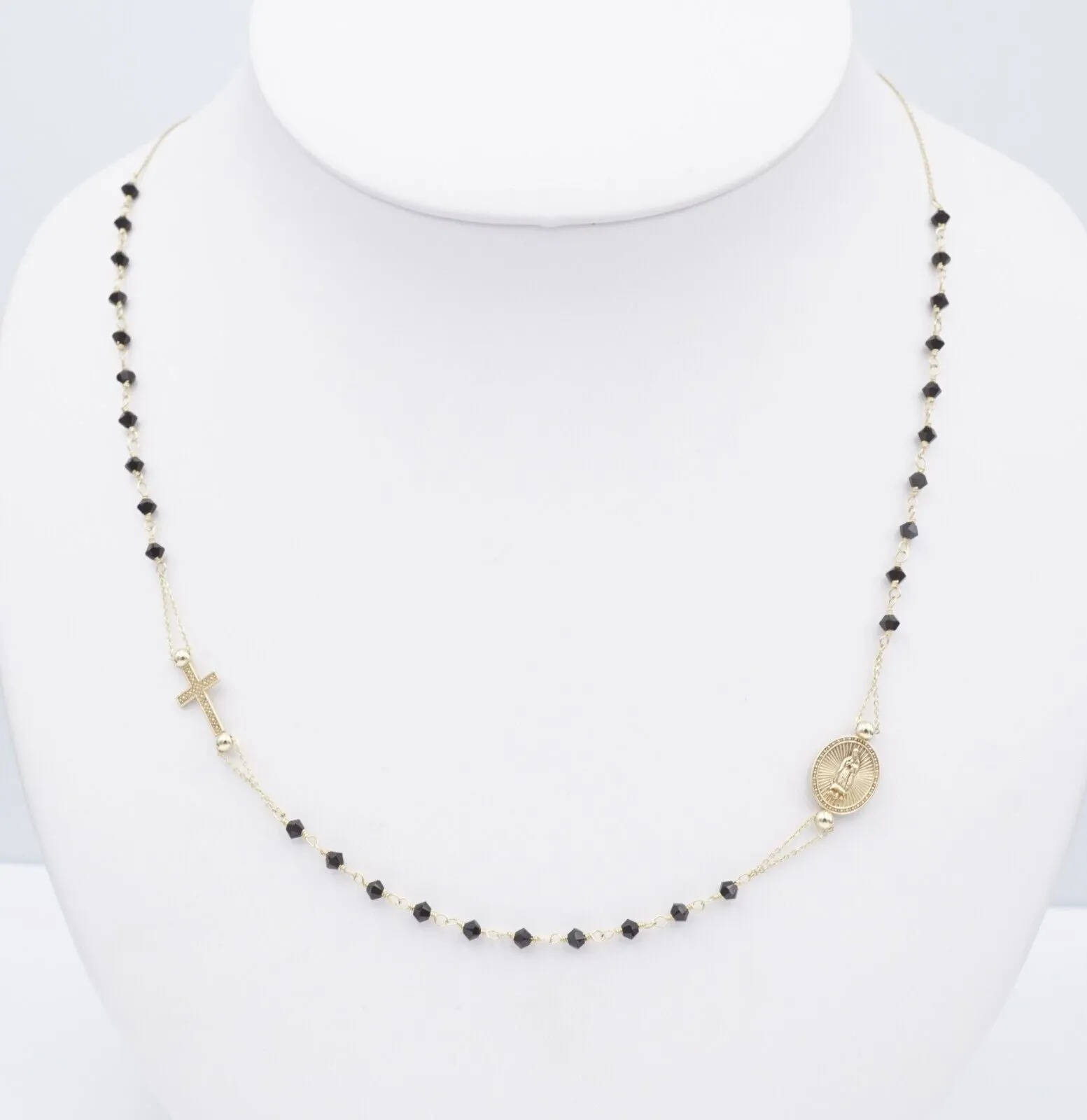 14k Gold Onyx Bead Prayer Necklace Rosary Cross Mary Guadalupe Medallion NG1575