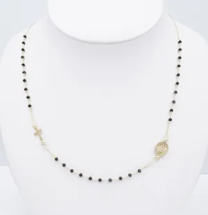 14k Gold Onyx Bead Prayer Necklace Rosary Cross Mary Guadalupe Medallion NG1575