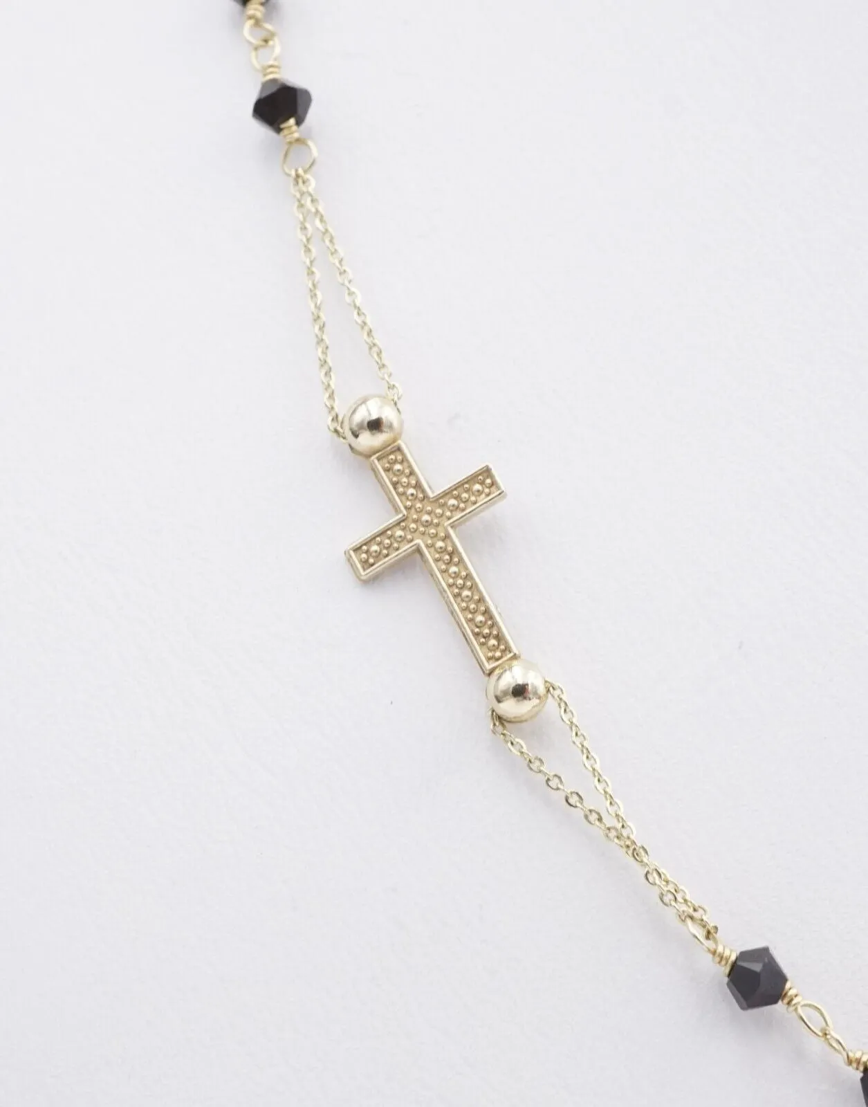 14k Gold Onyx Bead Prayer Necklace Rosary Cross Mary Guadalupe Medallion NG1575