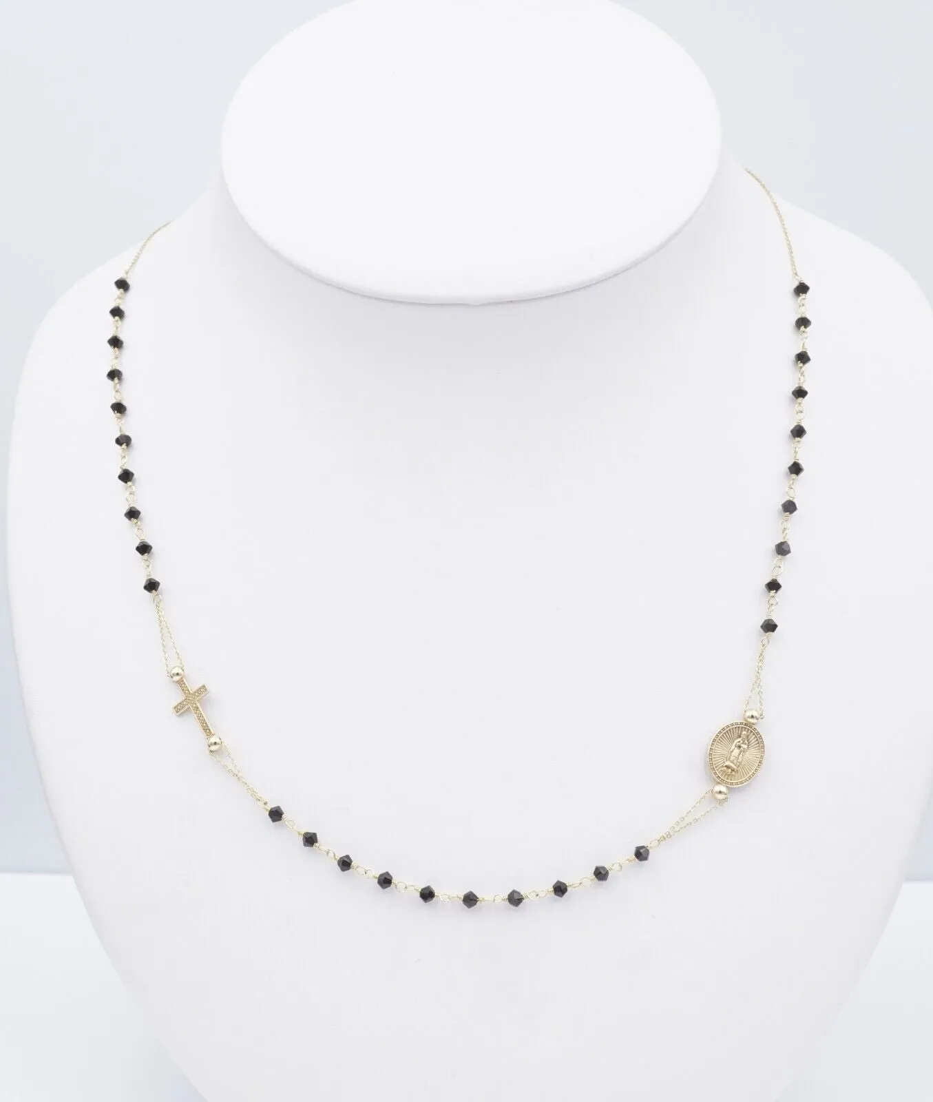 14k Gold Onyx Bead Prayer Necklace Rosary Cross Mary Guadalupe Medallion NG1575