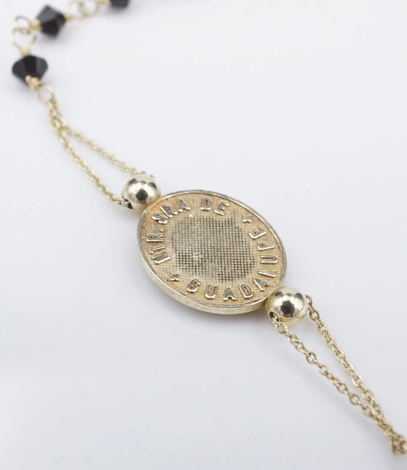 14k Gold Onyx Bead Prayer Necklace Rosary Cross Mary Guadalupe Medallion NG1575