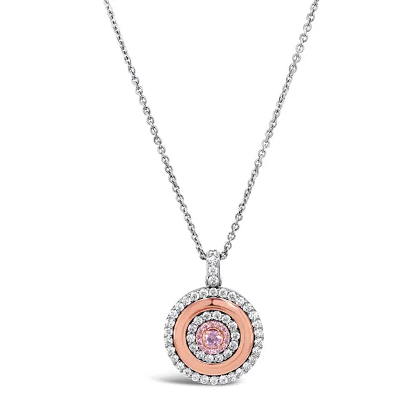 18CT WHITE GOLD AND ROSE GOLD 0.14CT ARGYLE PINK DIAMOND MEDALLION STYLE PENDANT ON TRACE CHAIN