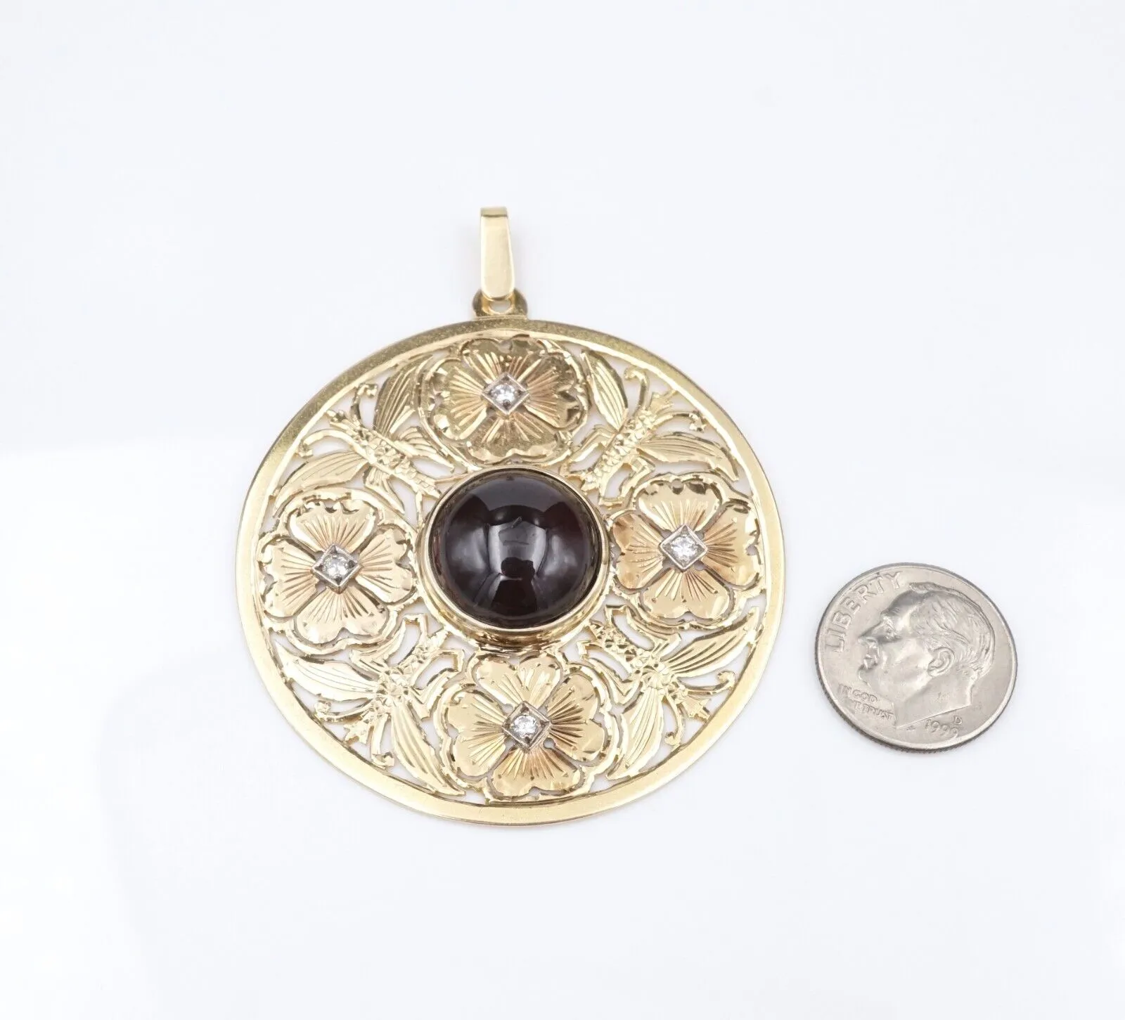 18k Yellow Gold Garnet Diamond Pendant Flower Disc Medallion Cabochon 2" PG1860
