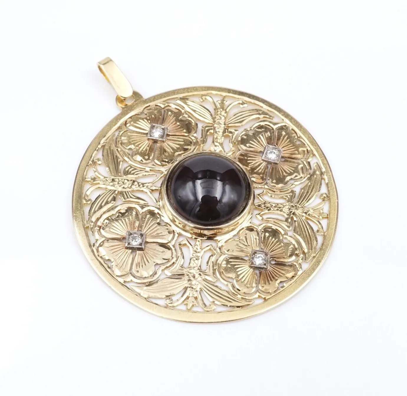 18k Yellow Gold Garnet Diamond Pendant Flower Disc Medallion Cabochon 2" PG1860