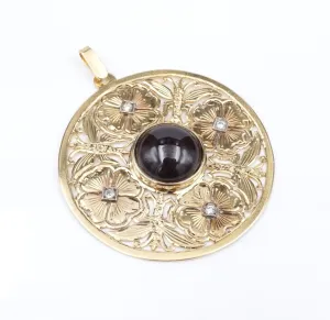 18k Yellow Gold Garnet Diamond Pendant Flower Disc Medallion Cabochon 2" PG1860