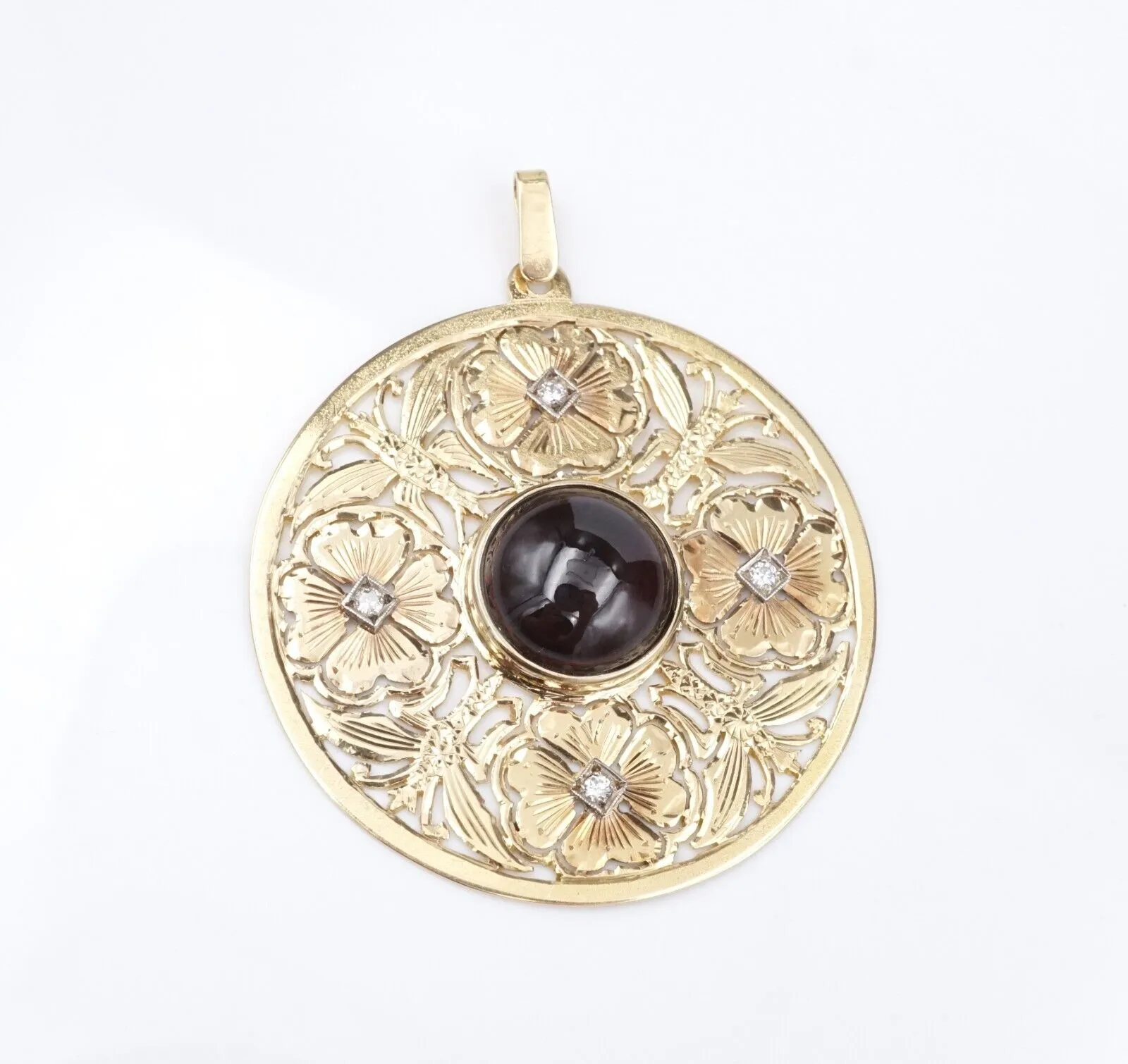 18k Yellow Gold Garnet Diamond Pendant Flower Disc Medallion Cabochon 2" PG1860