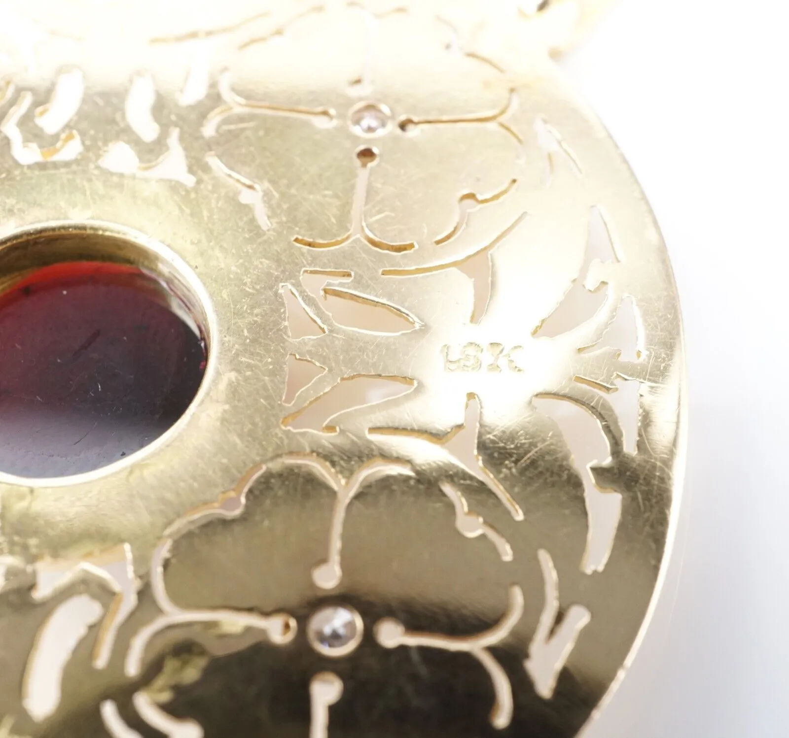 18k Yellow Gold Garnet Diamond Pendant Flower Disc Medallion Cabochon 2" PG1860