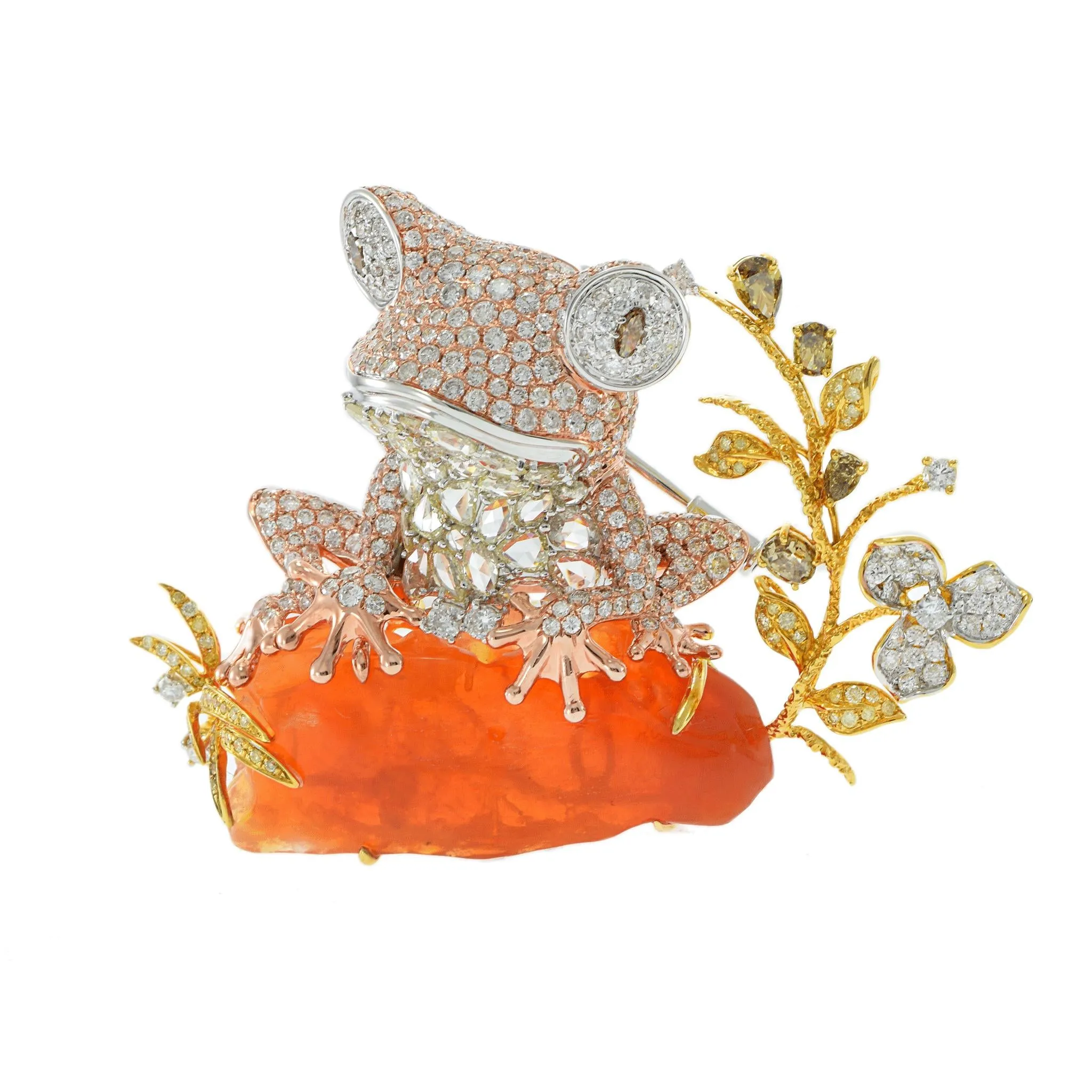 18KT Tri-Color Gold Opal and Diamond Frog Brooch