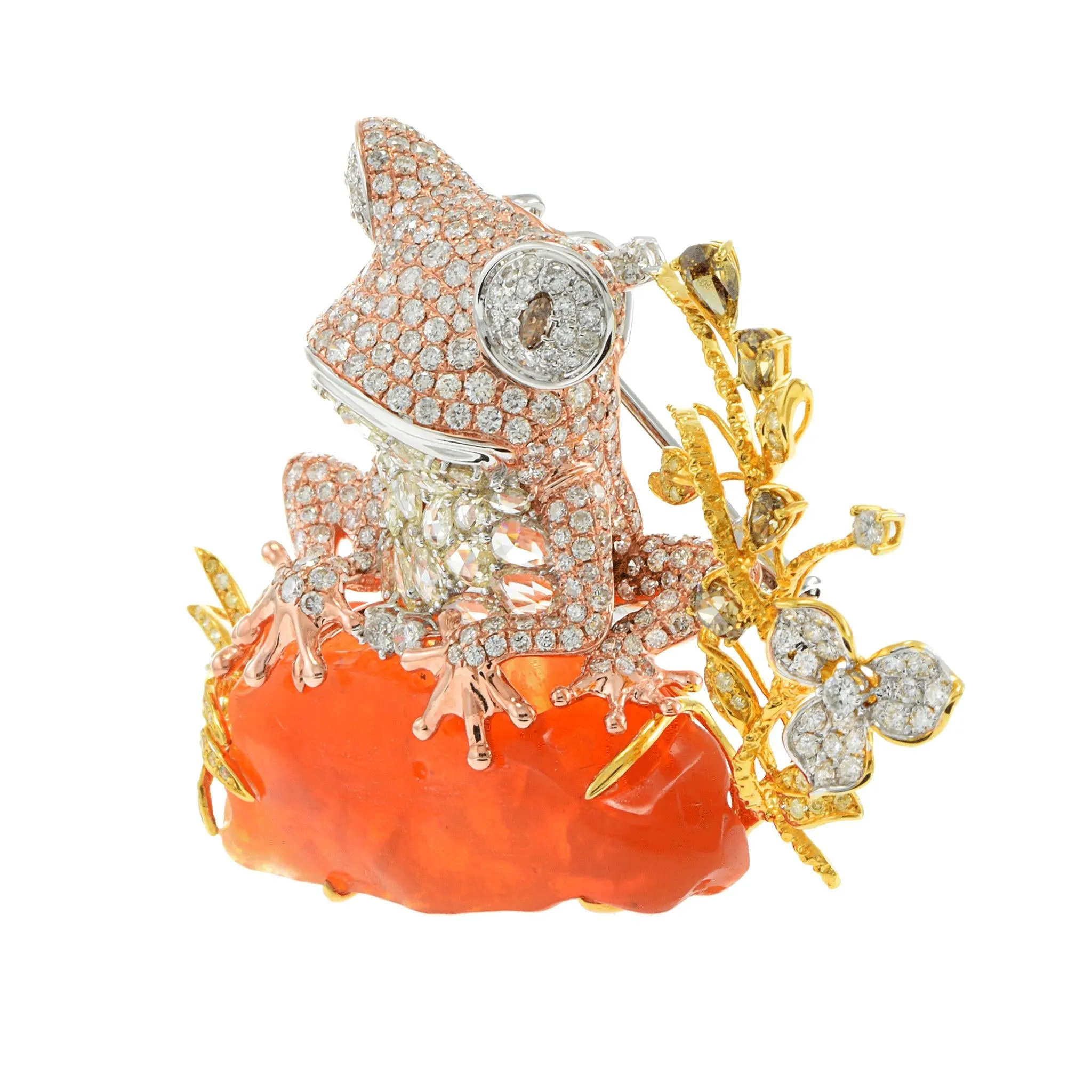 18KT Tri-Color Gold Opal and Diamond Frog Brooch