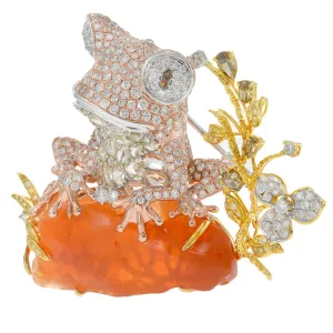 18KT Tri-Color Gold Opal and Diamond Frog Brooch