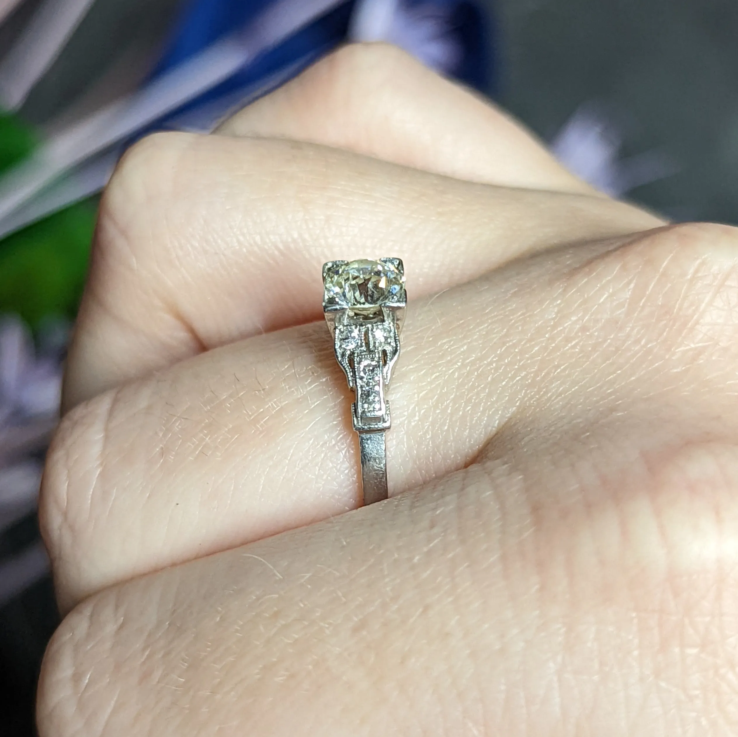 1930's Art Deco 1.00 CTW Diamond Platinum Buckle Engagement Ring