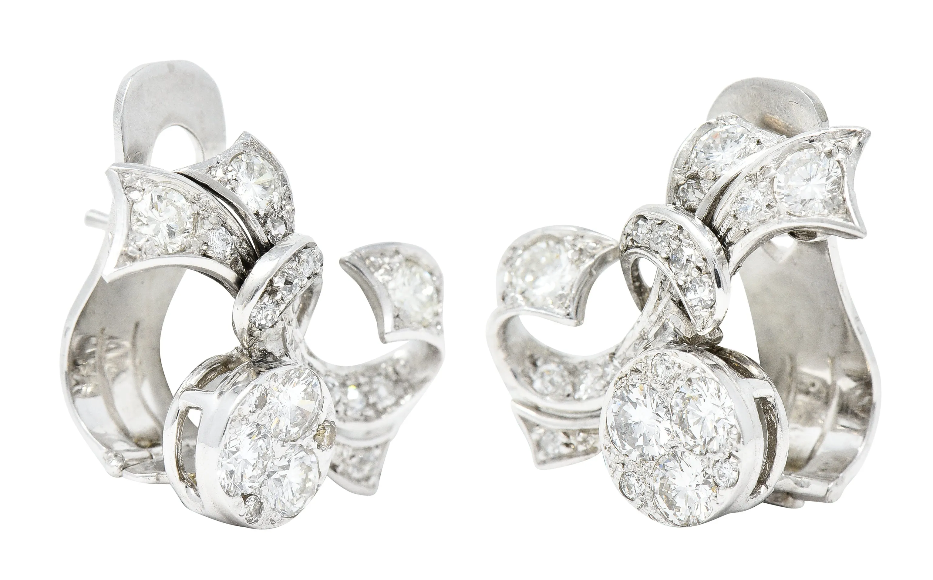 1950's 1.35 CTW Diamond Platinum Ribbon Vintage Earrings