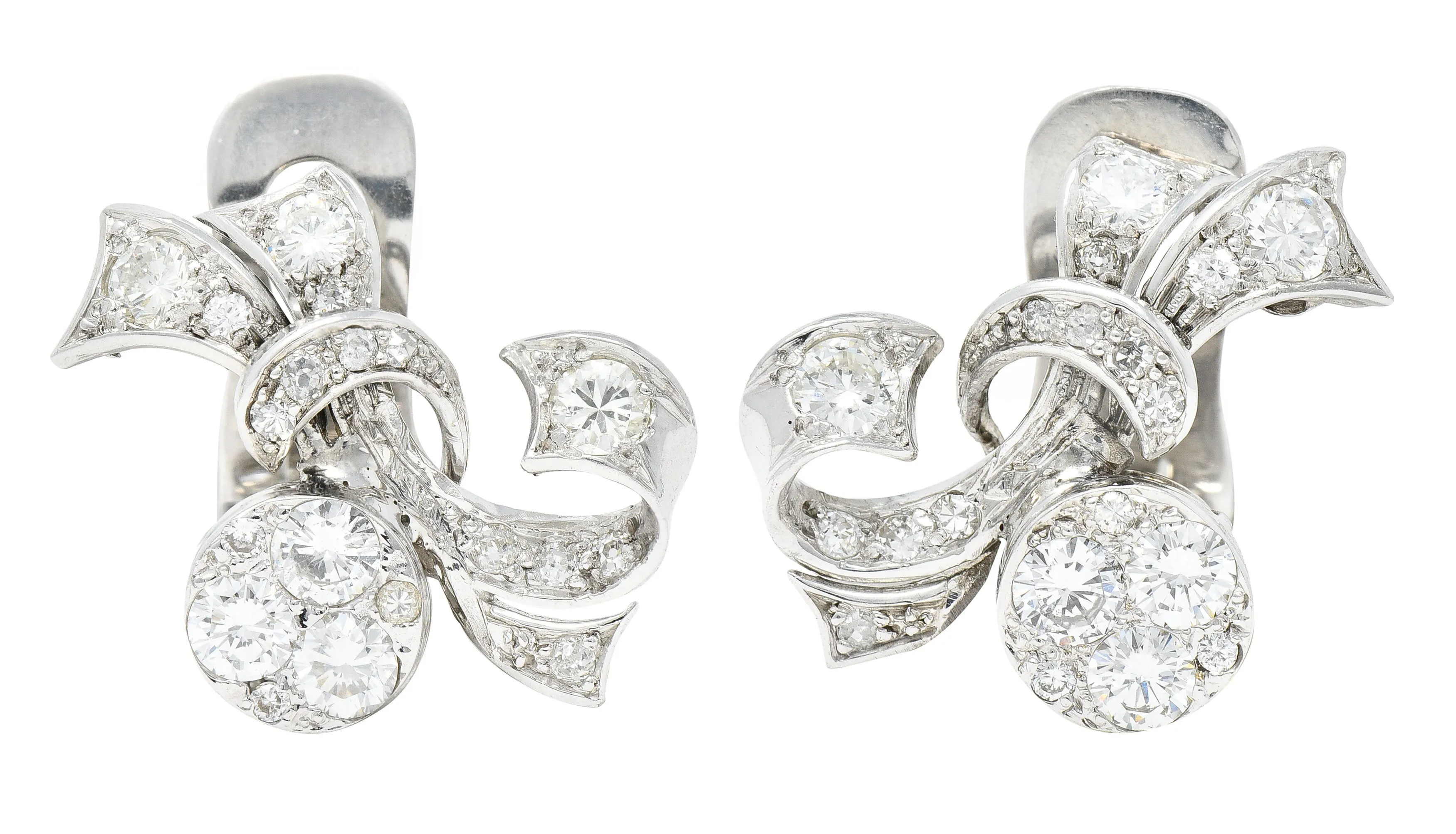 1950's 1.35 CTW Diamond Platinum Ribbon Vintage Earrings