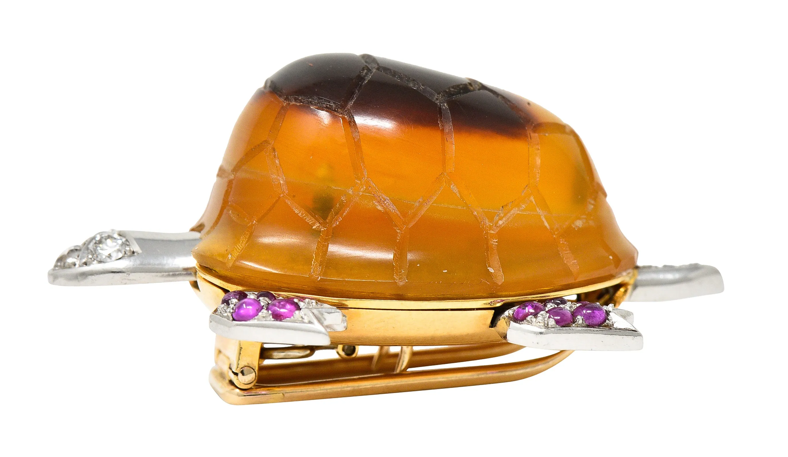 1950's Cartier Ruby Diamond Platinum 18 Karat Gold Turtle Brooch