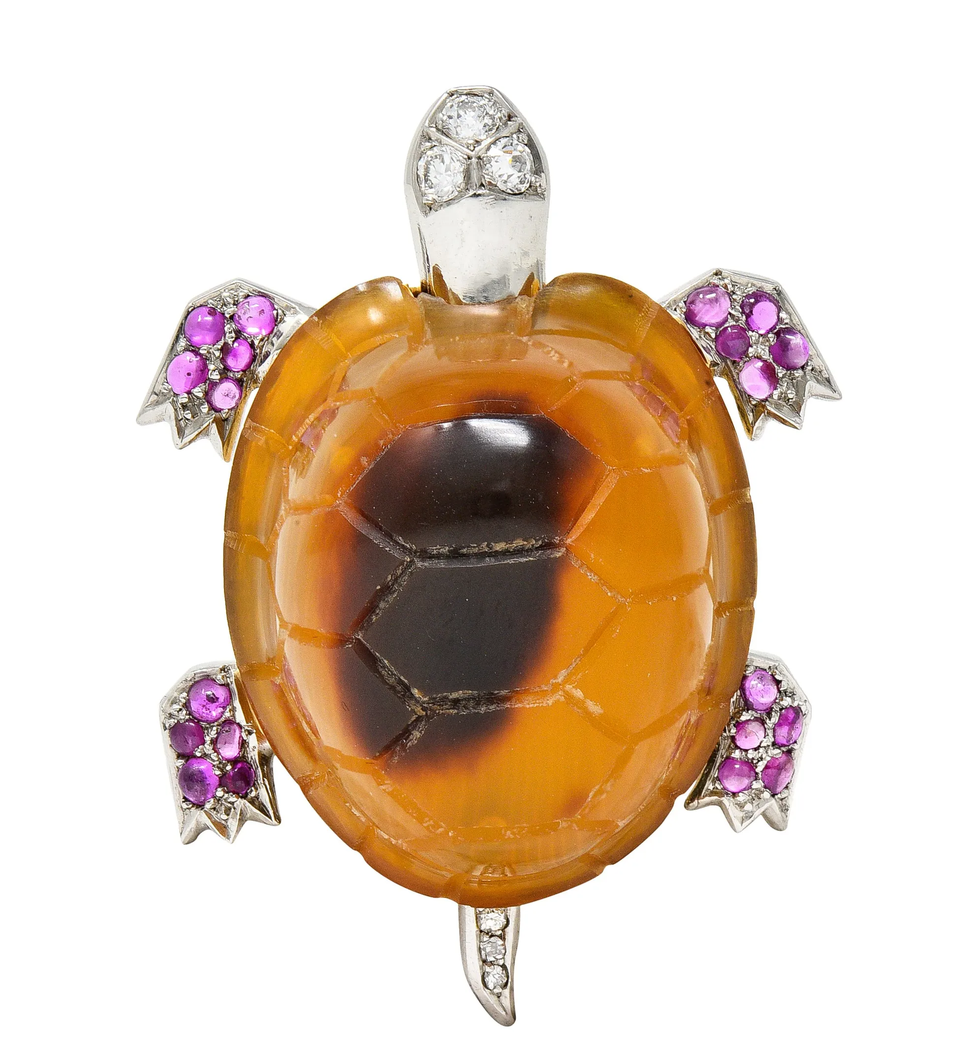 1950's Cartier Ruby Diamond Platinum 18 Karat Gold Turtle Brooch