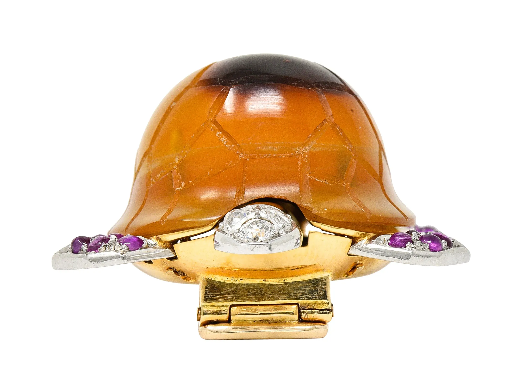 1950's Cartier Ruby Diamond Platinum 18 Karat Gold Turtle Brooch