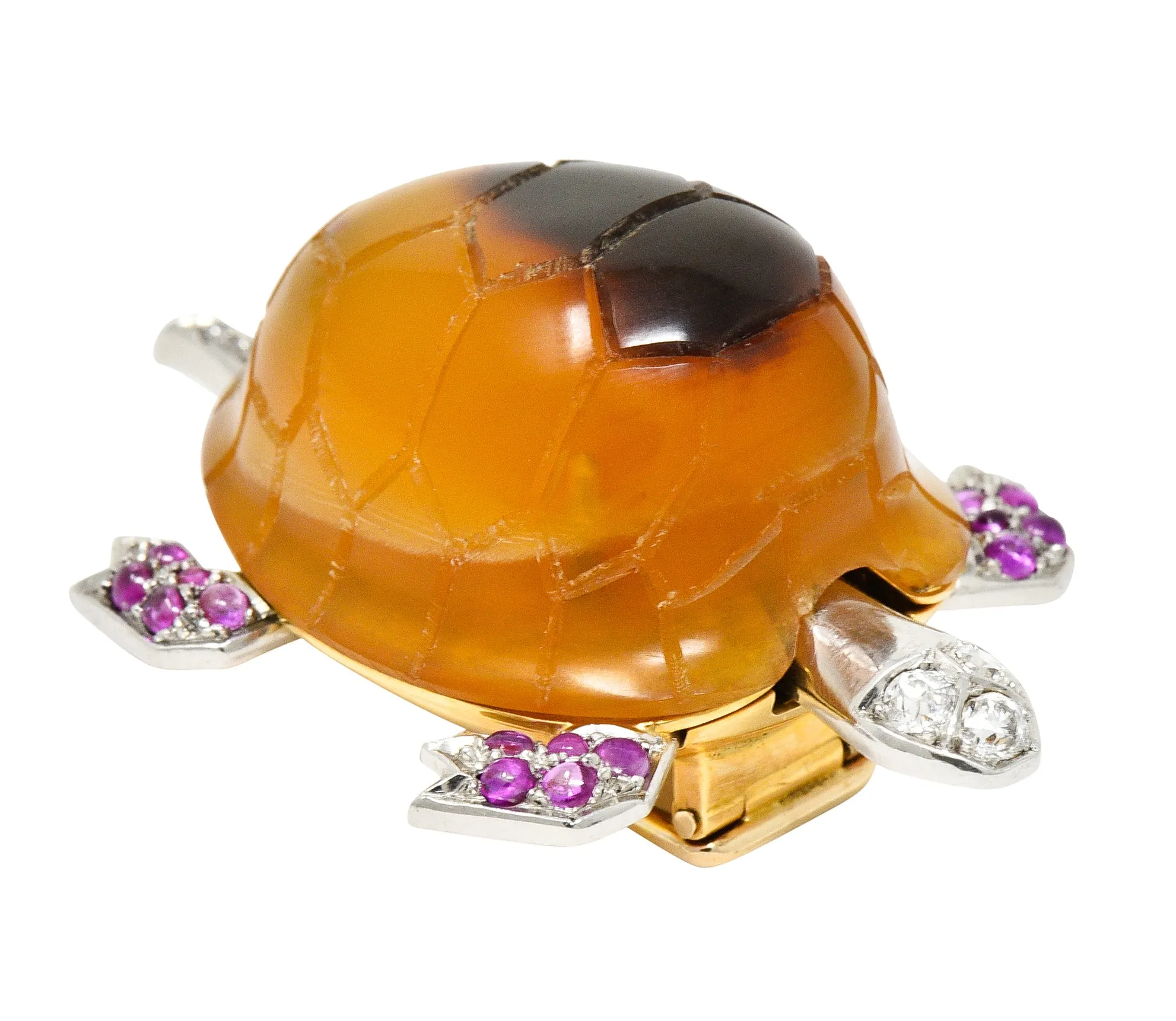 1950's Cartier Ruby Diamond Platinum 18 Karat Gold Turtle Brooch