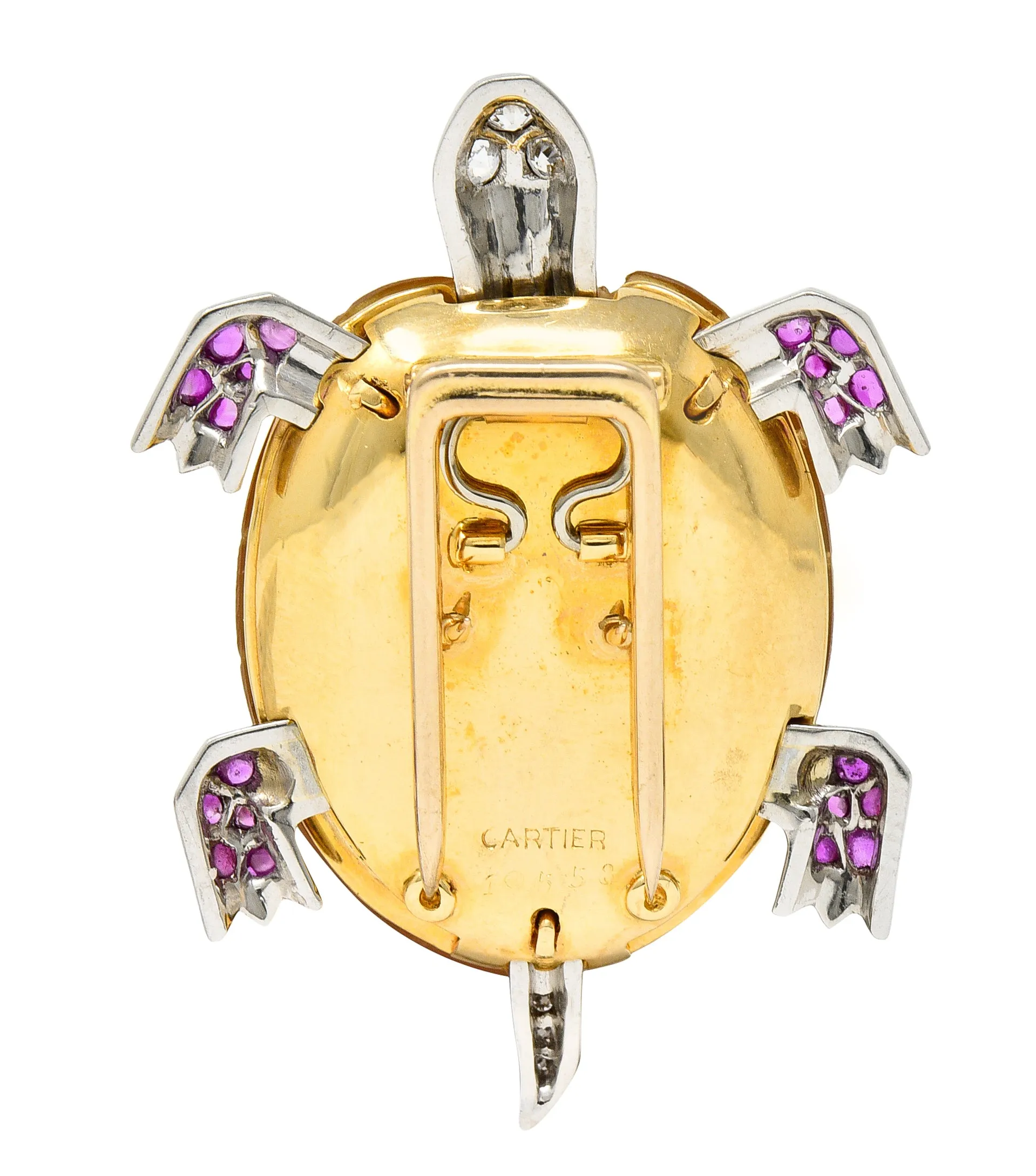1950's Cartier Ruby Diamond Platinum 18 Karat Gold Turtle Brooch