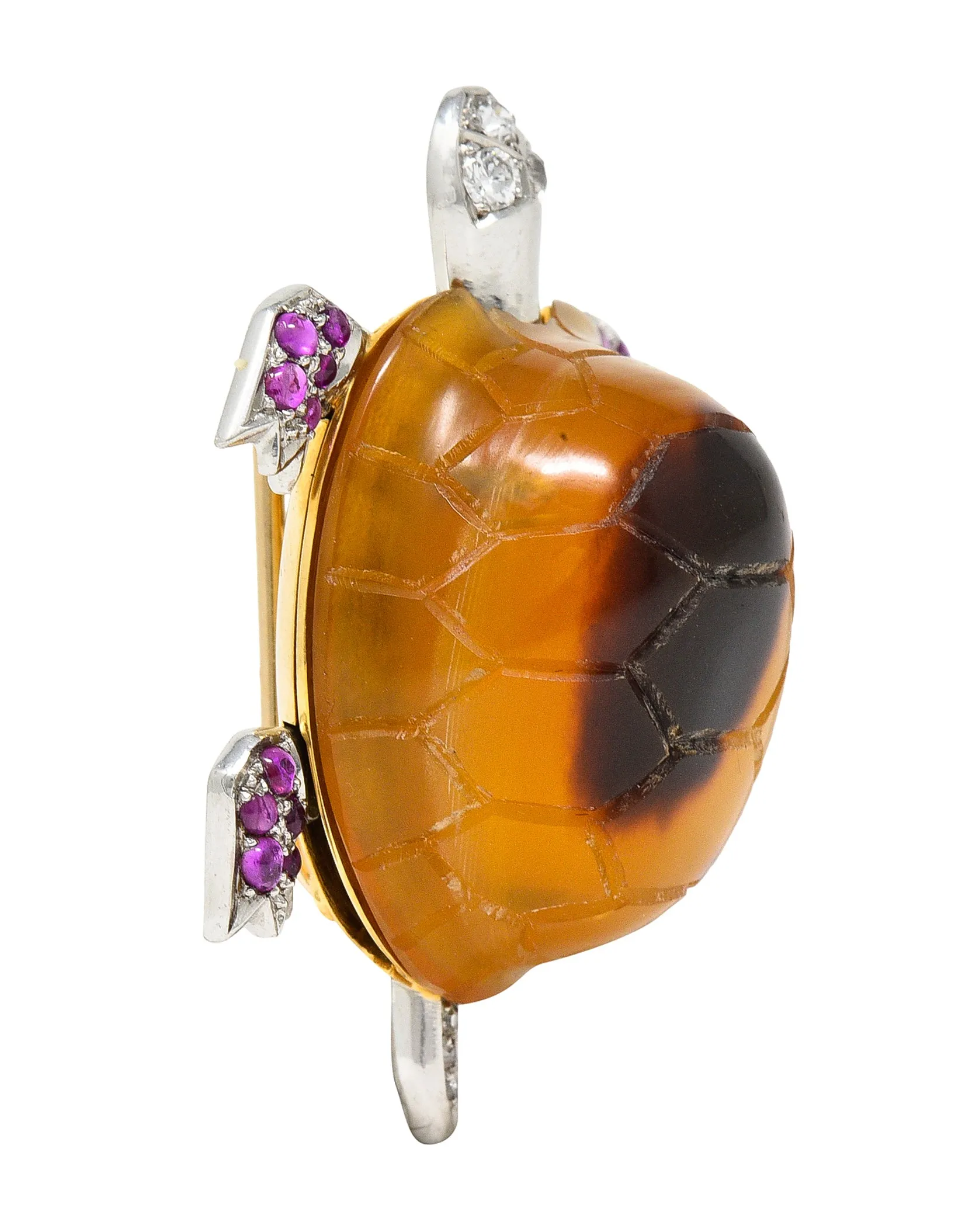 1950's Cartier Ruby Diamond Platinum 18 Karat Gold Turtle Brooch