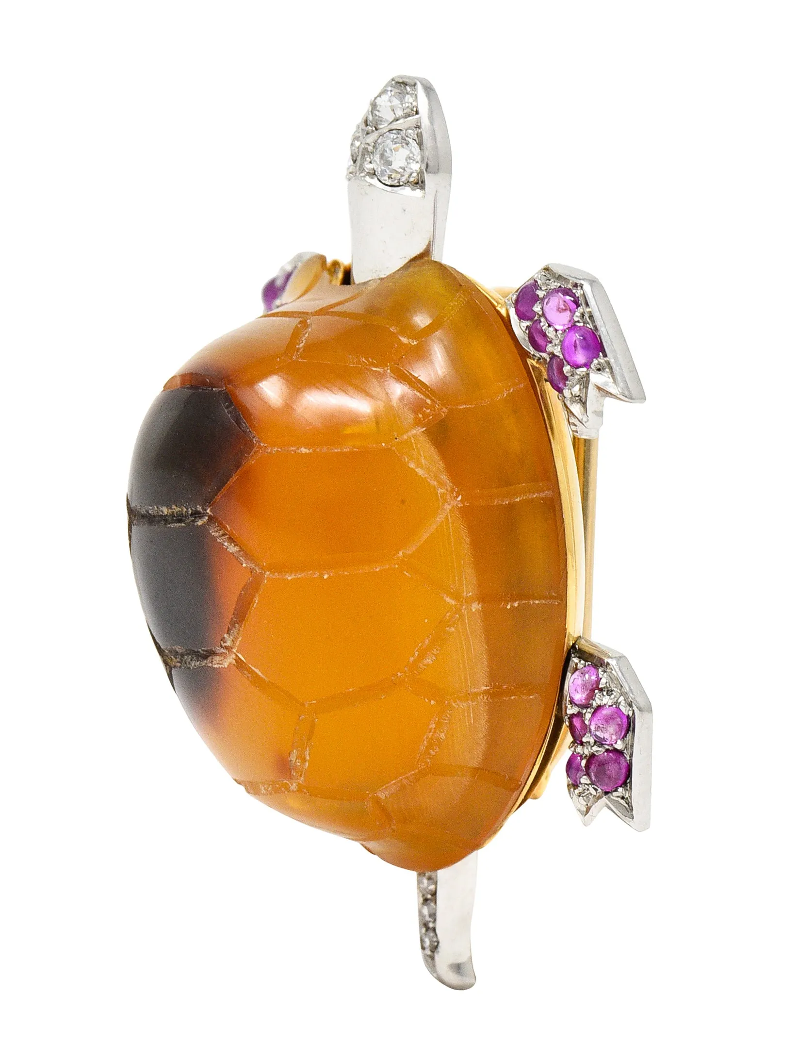 1950's Cartier Ruby Diamond Platinum 18 Karat Gold Turtle Brooch