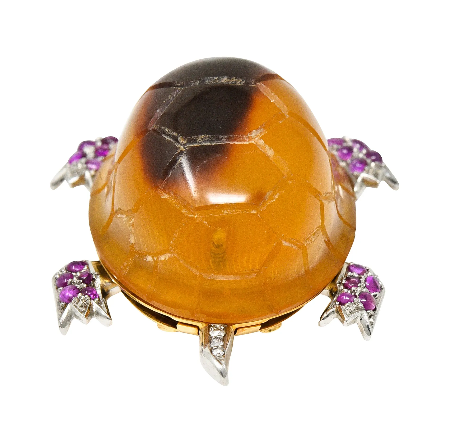 1950's Cartier Ruby Diamond Platinum 18 Karat Gold Turtle Brooch