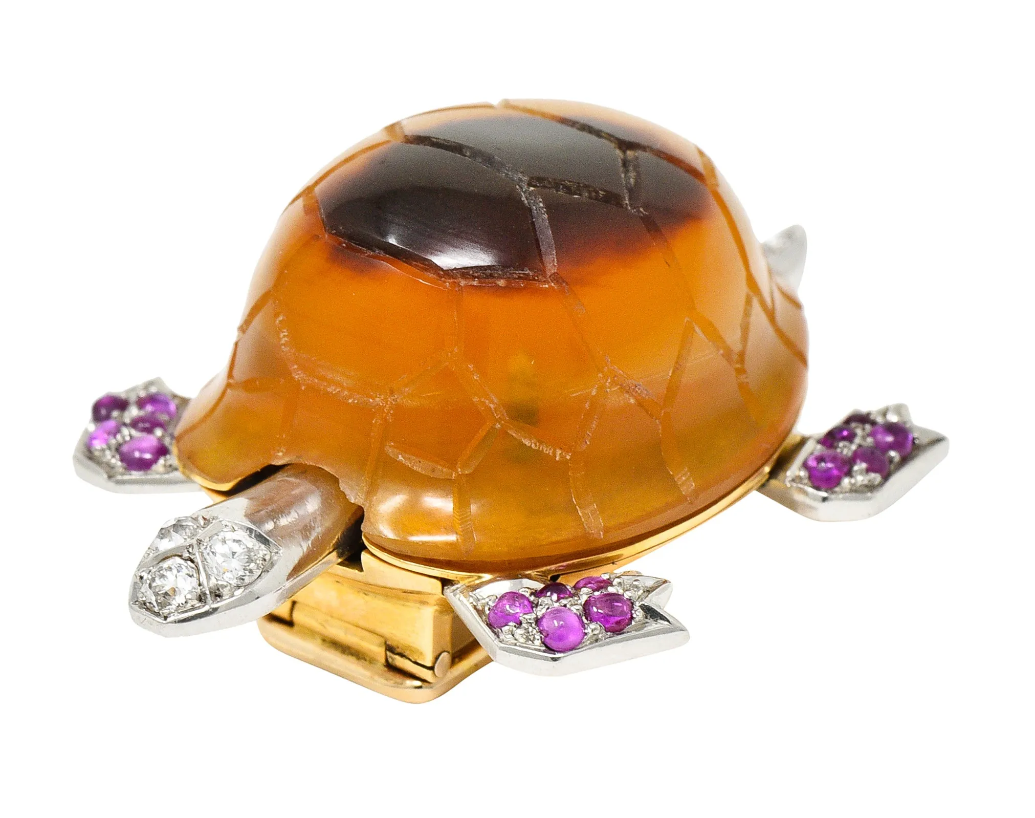 1950's Cartier Ruby Diamond Platinum 18 Karat Gold Turtle Brooch