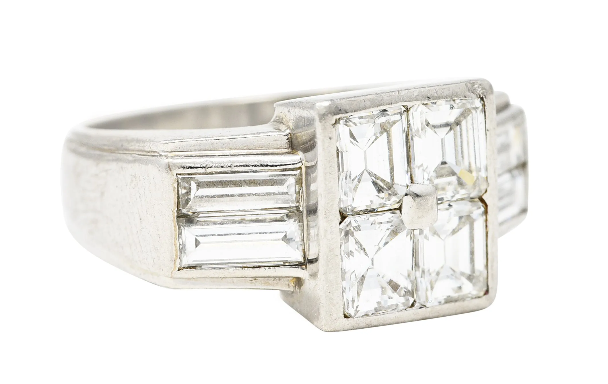 1950's French Mid-Century 3.00 CTW Emerald Cut Diamond Platinum Vintage Mystery Set Ring