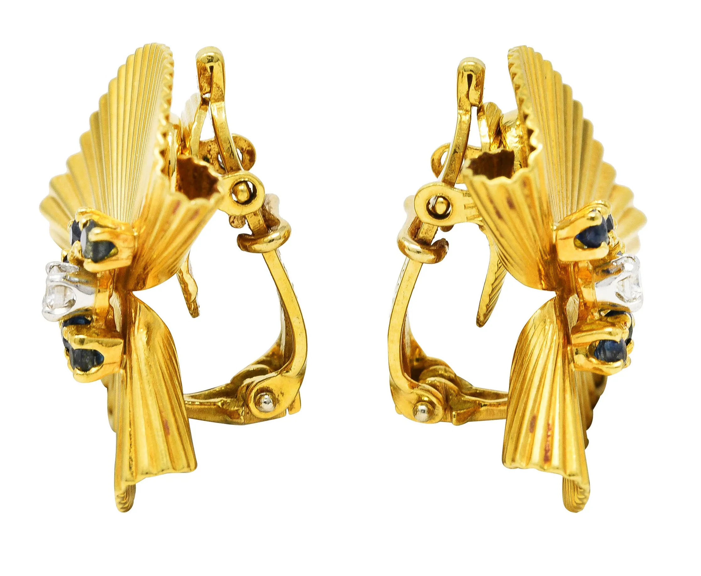1950's McTeigue Diamond Sapphire 18 Karat Two-Tone Gold Vintage Ear-Clip Earrings