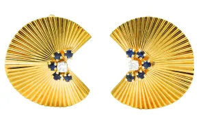 1950's McTeigue Diamond Sapphire 18 Karat Two-Tone Gold Vintage Ear-Clip Earrings