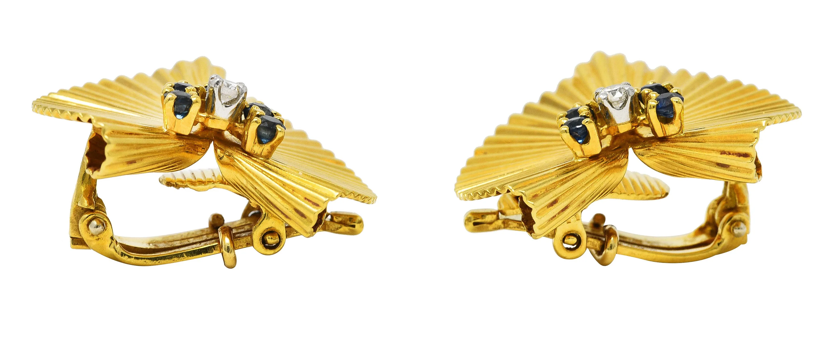 1950's McTeigue Diamond Sapphire 18 Karat Two-Tone Gold Vintage Ear-Clip Earrings