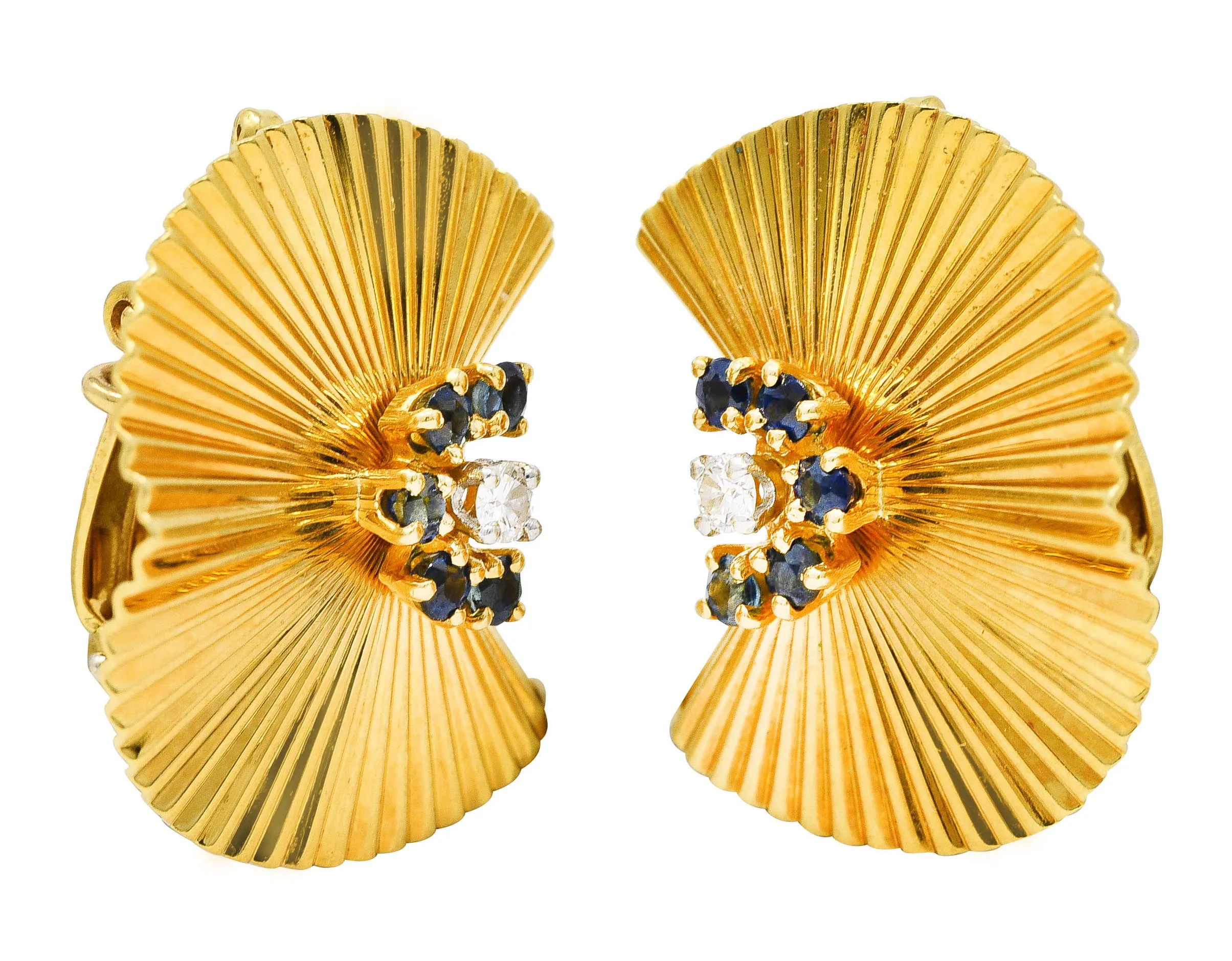 1950's McTeigue Diamond Sapphire 18 Karat Two-Tone Gold Vintage Ear-Clip Earrings