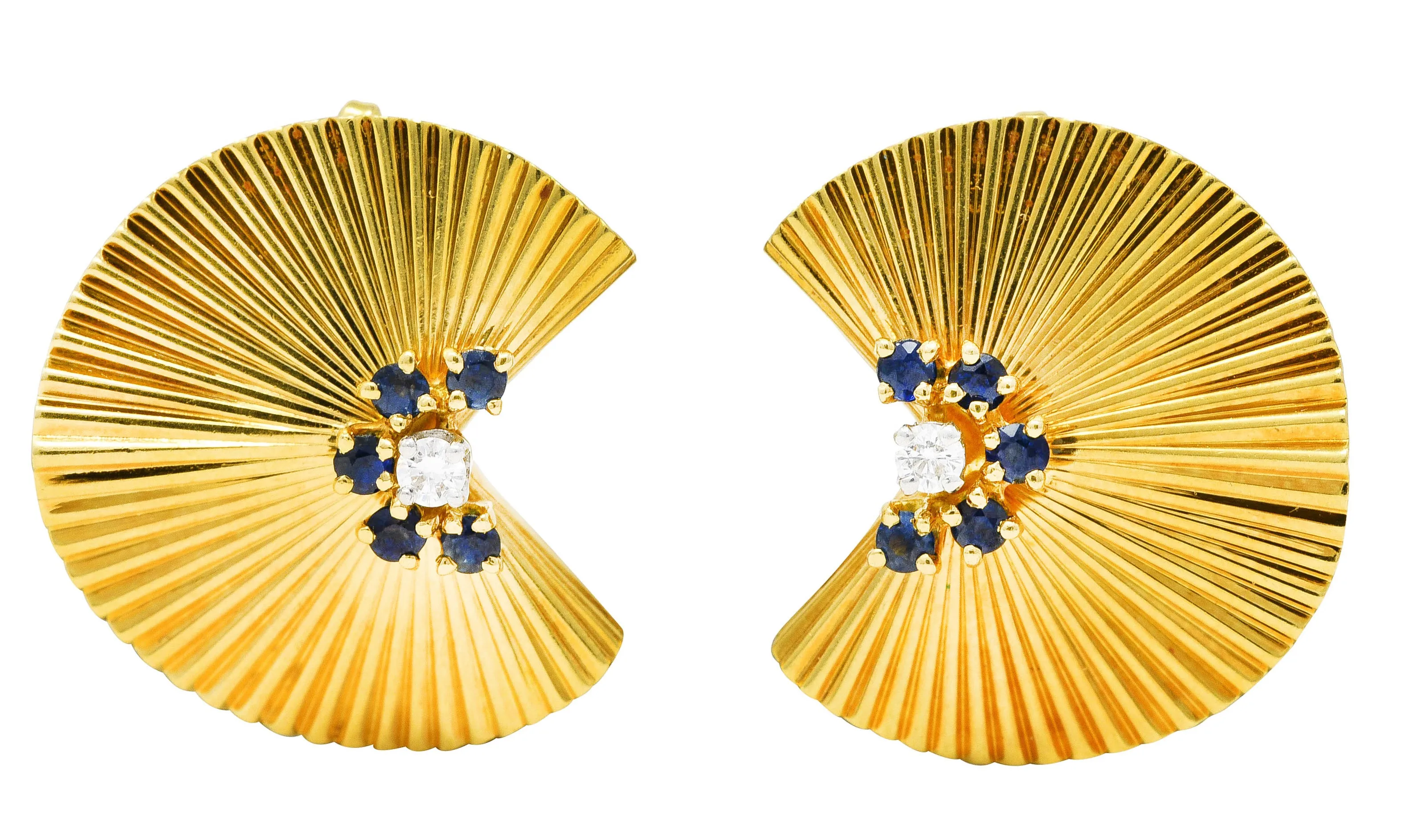 1950's McTeigue Diamond Sapphire 18 Karat Two-Tone Gold Vintage Ear-Clip Earrings