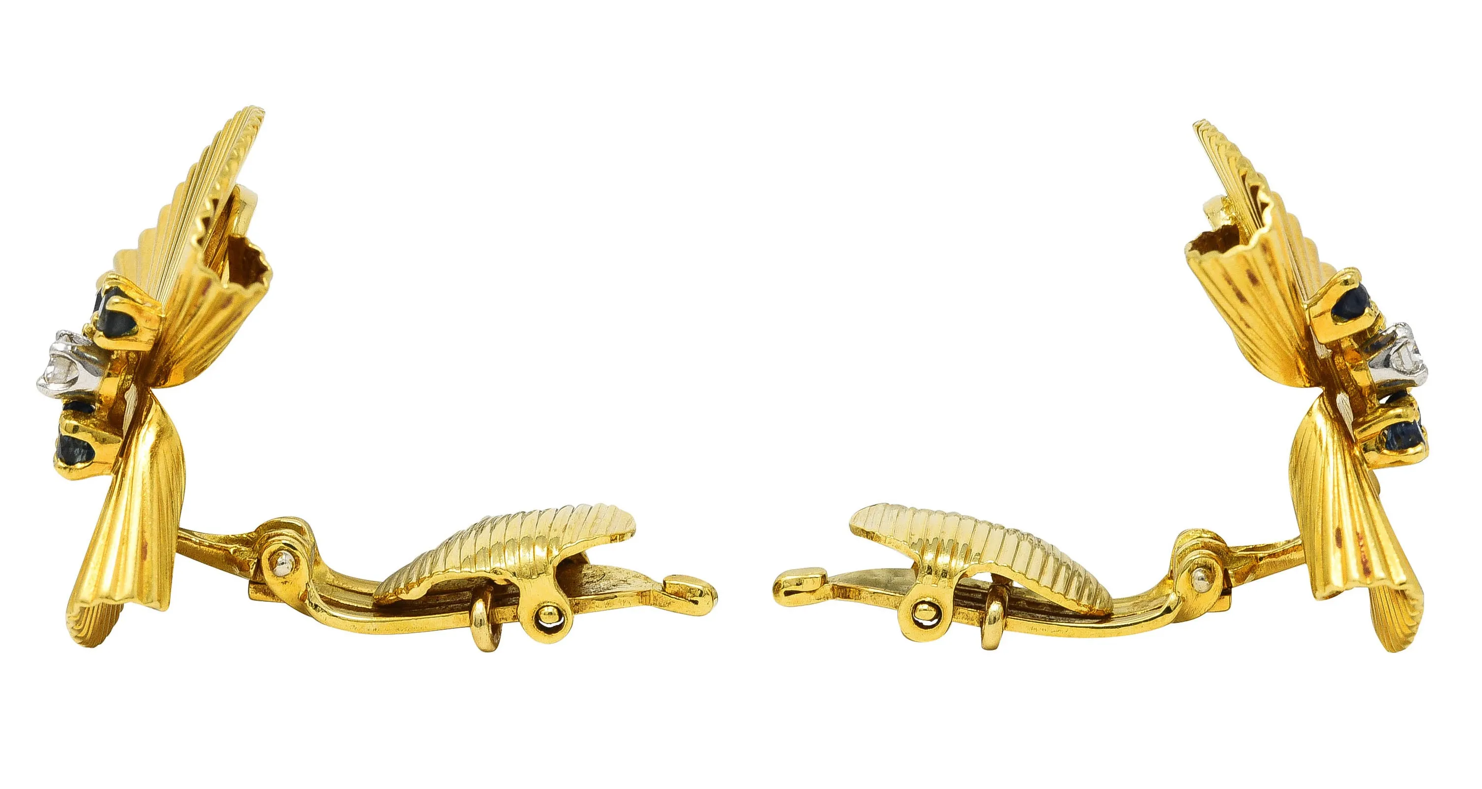 1950's McTeigue Diamond Sapphire 18 Karat Two-Tone Gold Vintage Ear-Clip Earrings