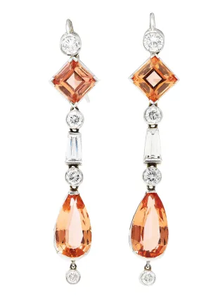 1950's Mid-Century 10.75 CTW Imperial Topaz Diamond Platinum Vintage Gemstone Drop Earrings