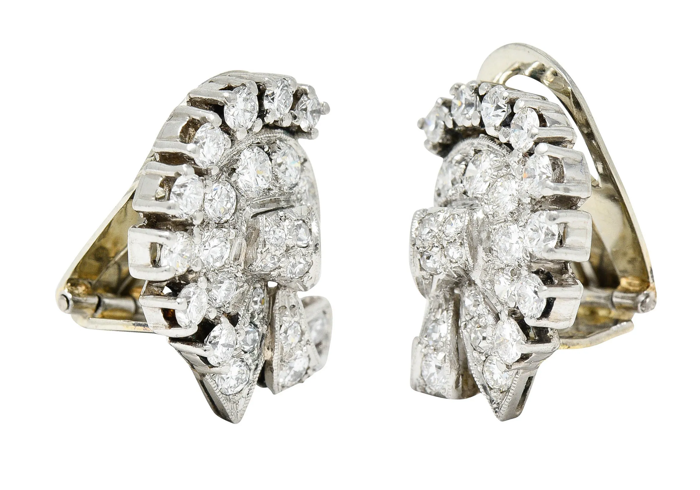1950's Mid-Century 1.15 CTW Diamond Platinum Ribboned Ear-Clip Earrings