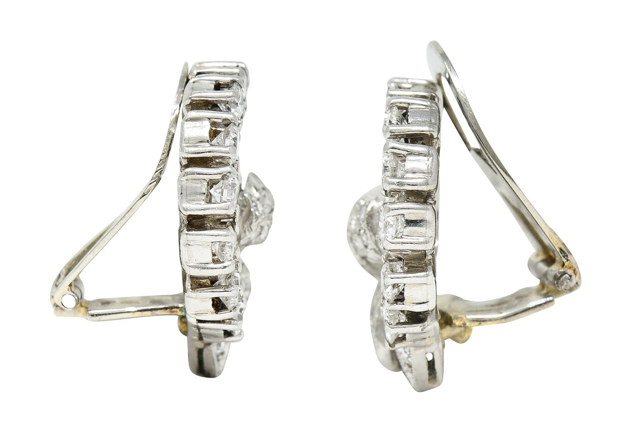 1950's Mid-Century 1.15 CTW Diamond Platinum Ribboned Ear-Clip Earrings