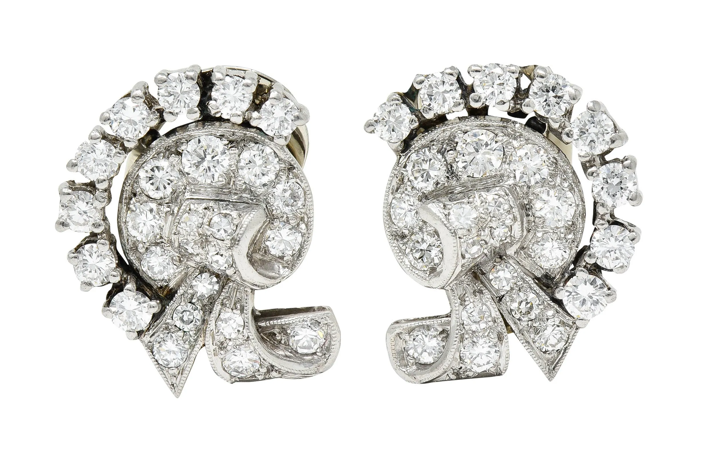 1950's Mid-Century 1.15 CTW Diamond Platinum Ribboned Ear-Clip Earrings