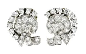 1950's Mid-Century 1.15 CTW Diamond Platinum Ribboned Ear-Clip Earrings