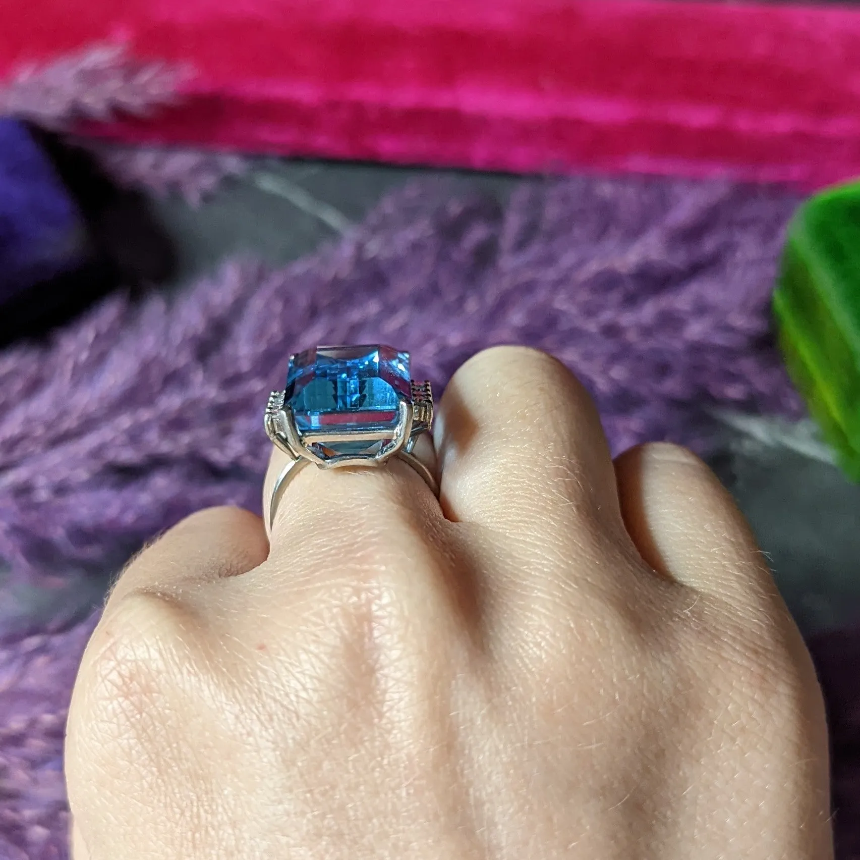 1950's Mid-Century 18.60 CTW Aquamarine Diamond 18 Karat White Gold Vintage Cocktail Ring