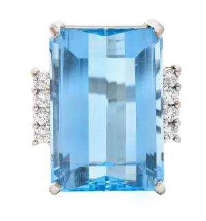 1950's Mid-Century 18.60 CTW Aquamarine Diamond 18 Karat White Gold Vintage Cocktail Ring