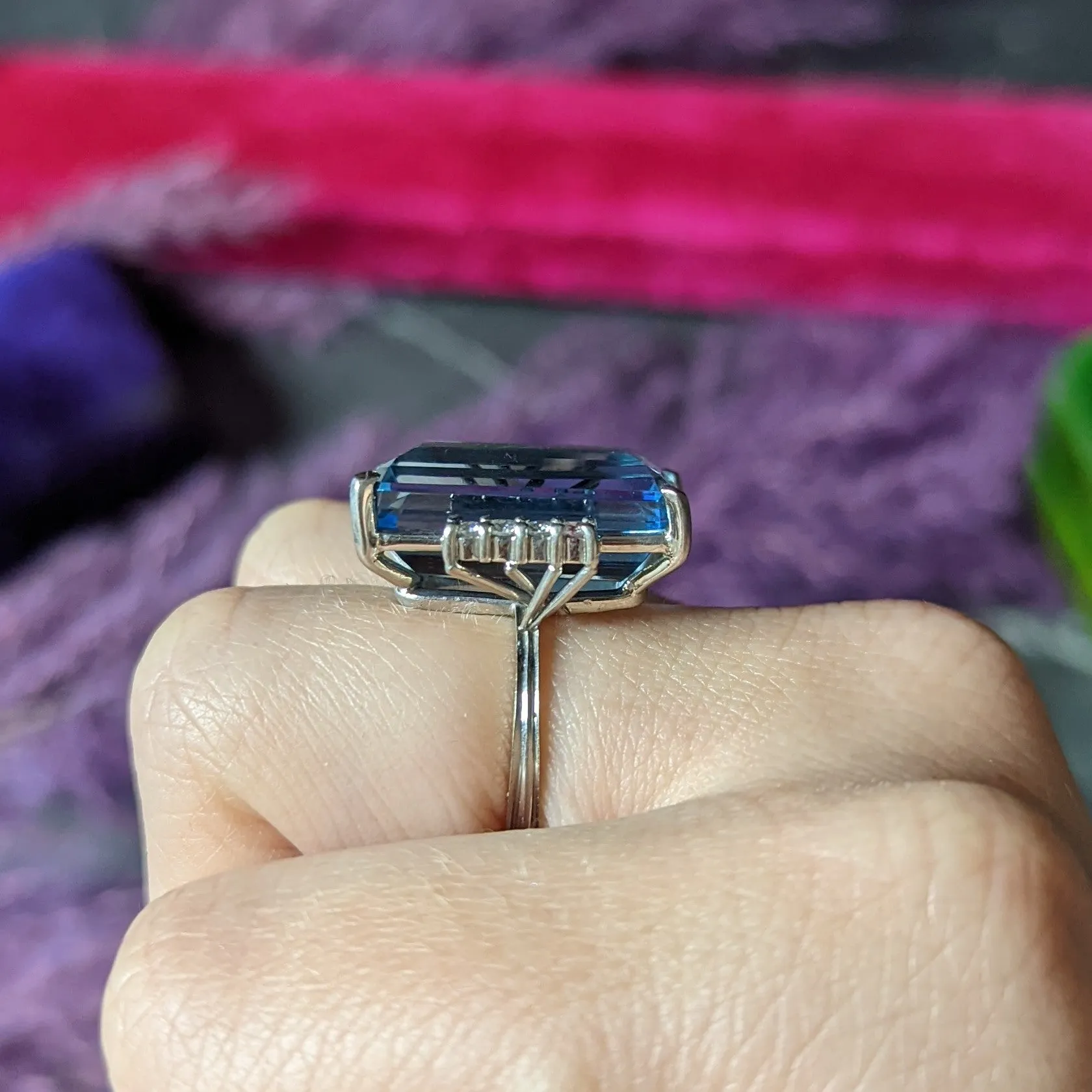 1950's Mid-Century 18.60 CTW Aquamarine Diamond 18 Karat White Gold Vintage Cocktail Ring