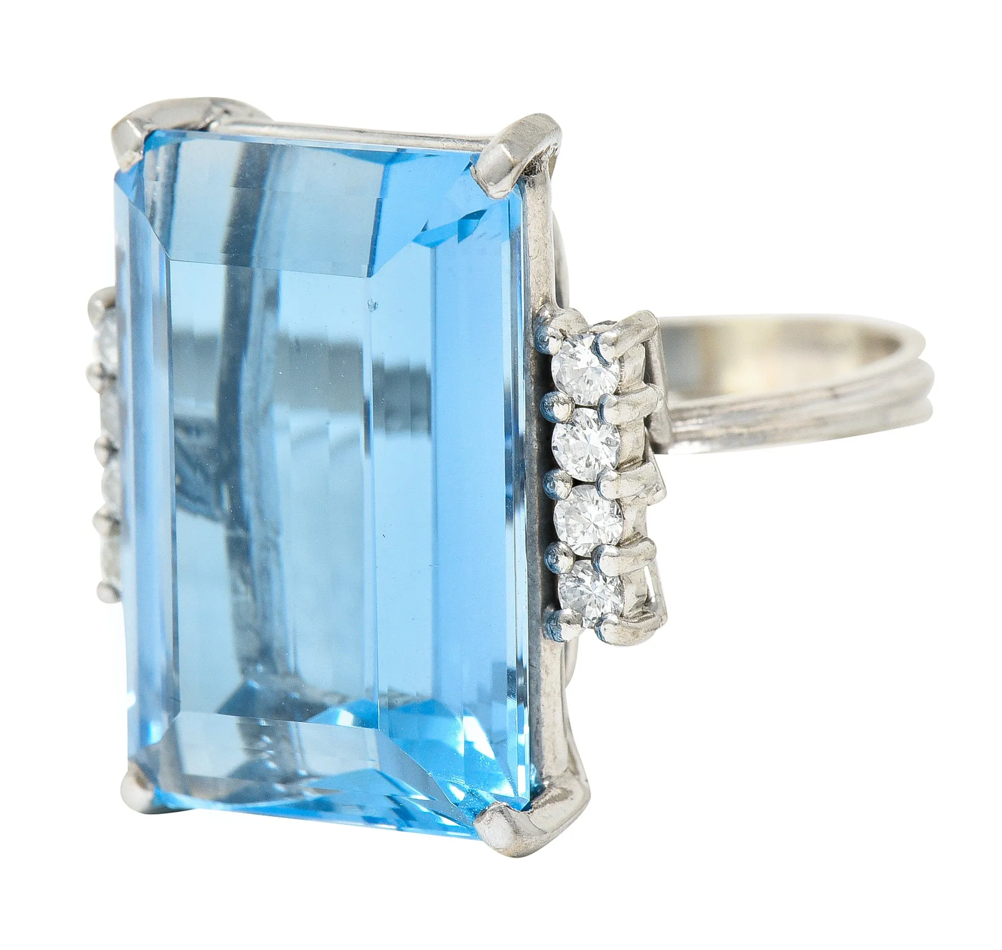 1950's Mid-Century 18.60 CTW Aquamarine Diamond 18 Karat White Gold Vintage Cocktail Ring