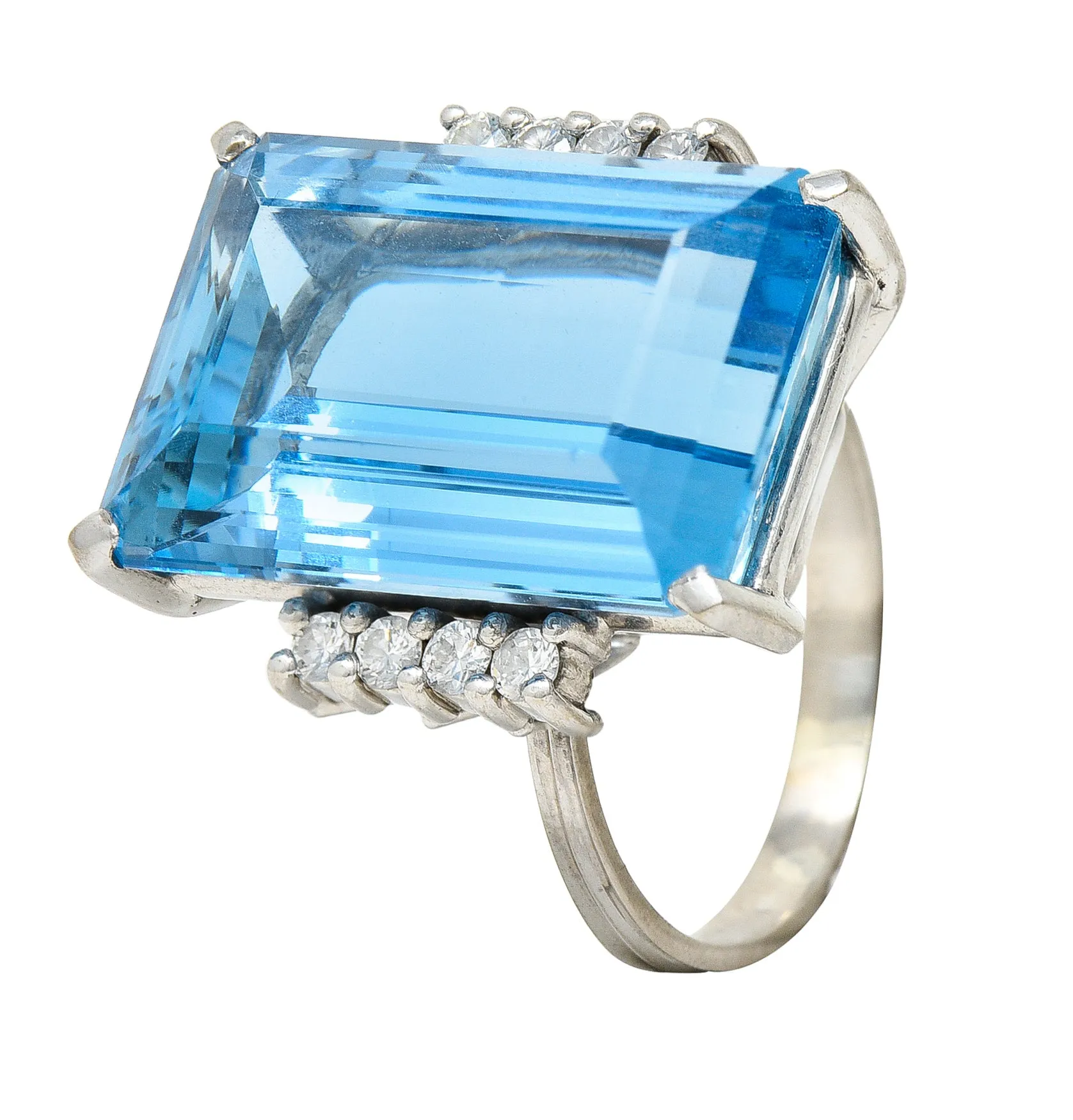 1950's Mid-Century 18.60 CTW Aquamarine Diamond 18 Karat White Gold Vintage Cocktail Ring