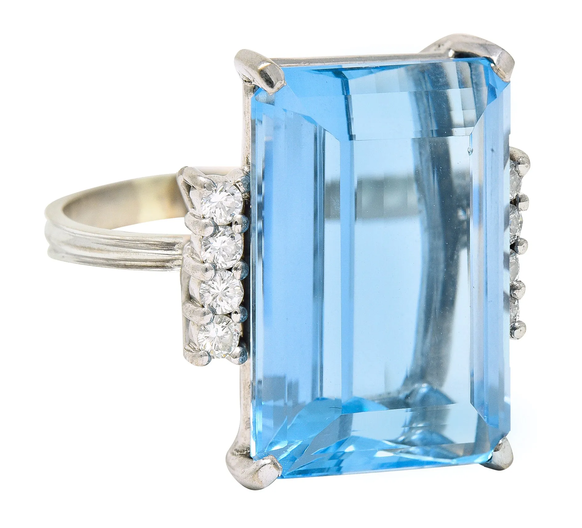 1950's Mid-Century 18.60 CTW Aquamarine Diamond 18 Karat White Gold Vintage Cocktail Ring