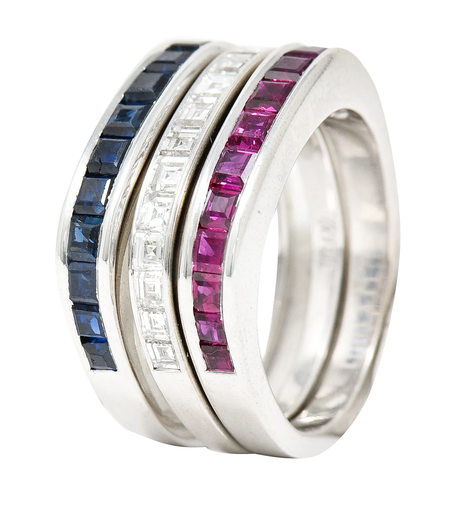 1950's Mid-Century 2.80 CTW Sapphire Ruby Diamond 18 Karat White Gold Three Channel Band Vintage Rings