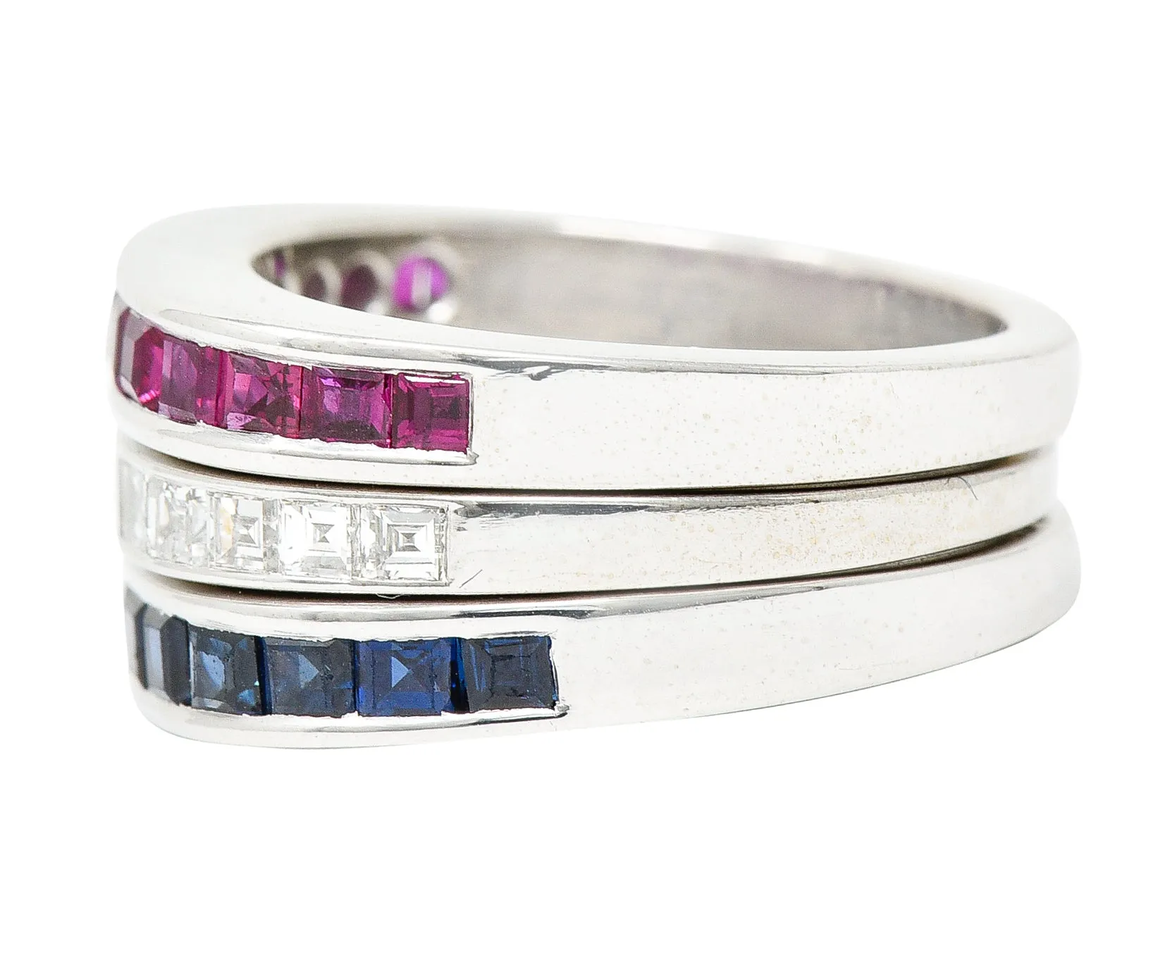 1950's Mid-Century 2.80 CTW Sapphire Ruby Diamond 18 Karat White Gold Three Channel Band Vintage Rings
