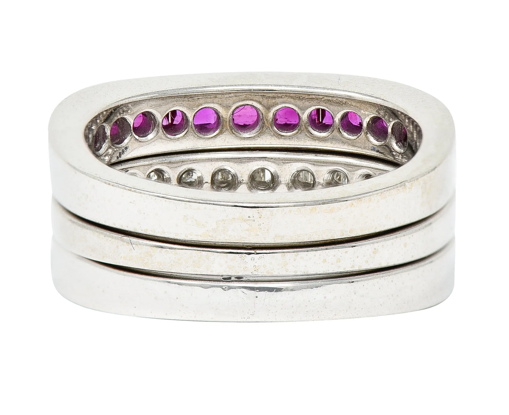 1950's Mid-Century 2.80 CTW Sapphire Ruby Diamond 18 Karat White Gold Three Channel Band Vintage Rings