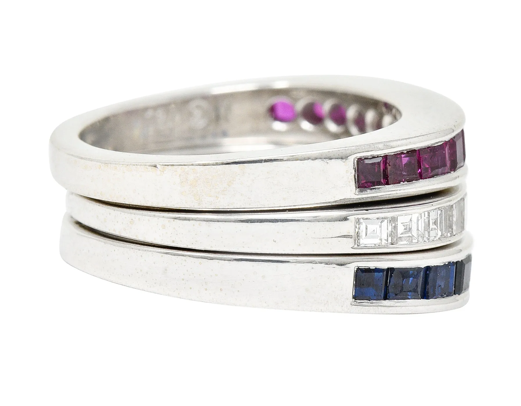 1950's Mid-Century 2.80 CTW Sapphire Ruby Diamond 18 Karat White Gold Three Channel Band Vintage Rings