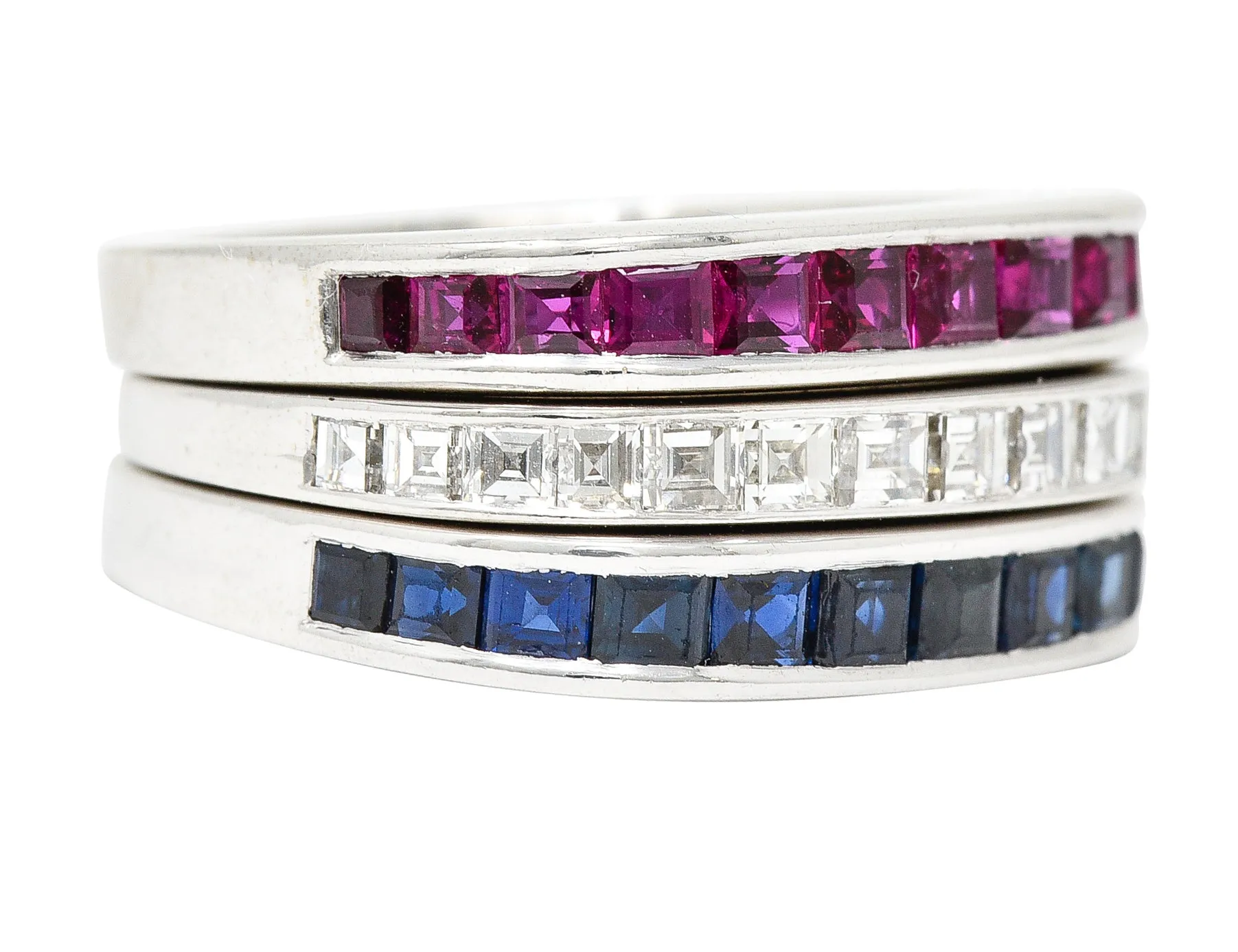 1950's Mid-Century 2.80 CTW Sapphire Ruby Diamond 18 Karat White Gold Three Channel Band Vintage Rings